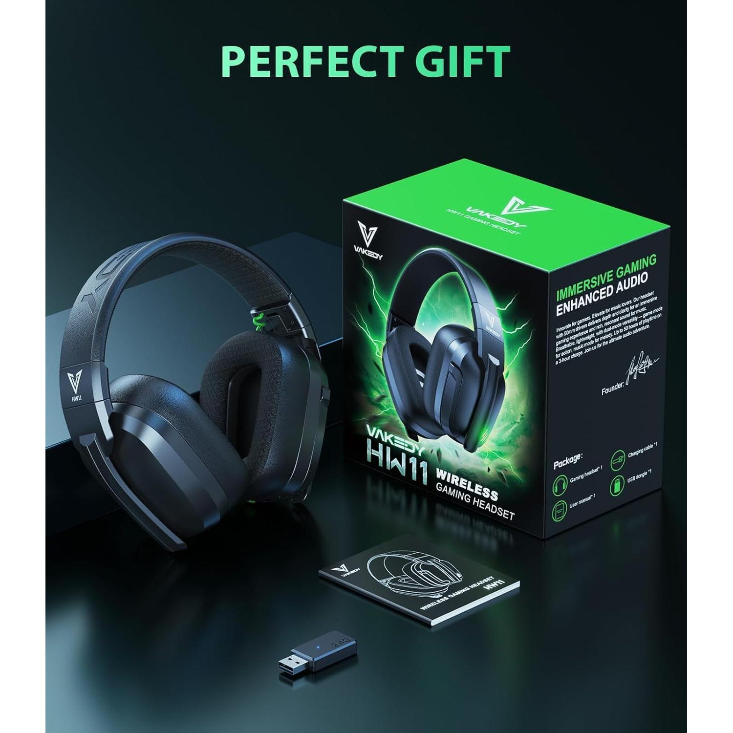 Auriculares Gaming Inalámbricos Vakedy HW11 - Bluetooth 5.3, 50h Batería, Cancelación de Ruido