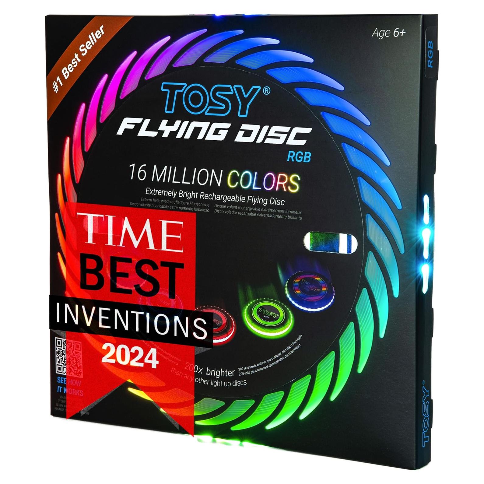 TOSY Flying Disc - 16 Million Colors RGB or 36 LEDs, Extremely Bright, Smart Modes, 4th of July Camping Essentials for Teens/Kids/Adults/Men/Boys/Girls, Auto Light Up, Rechargeable, Waterproof, 175g
