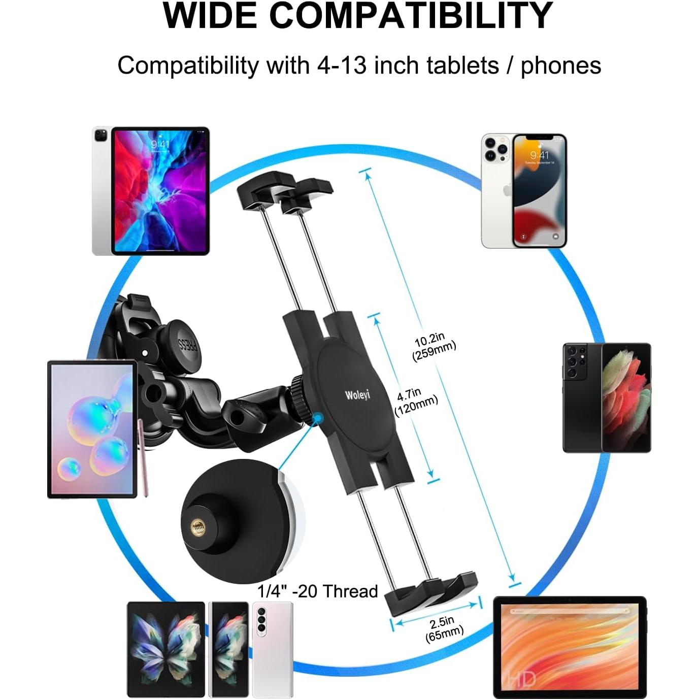 Soporte de Tableta para Coche Woleyi con Ventosa Ajustable 12-33 cm