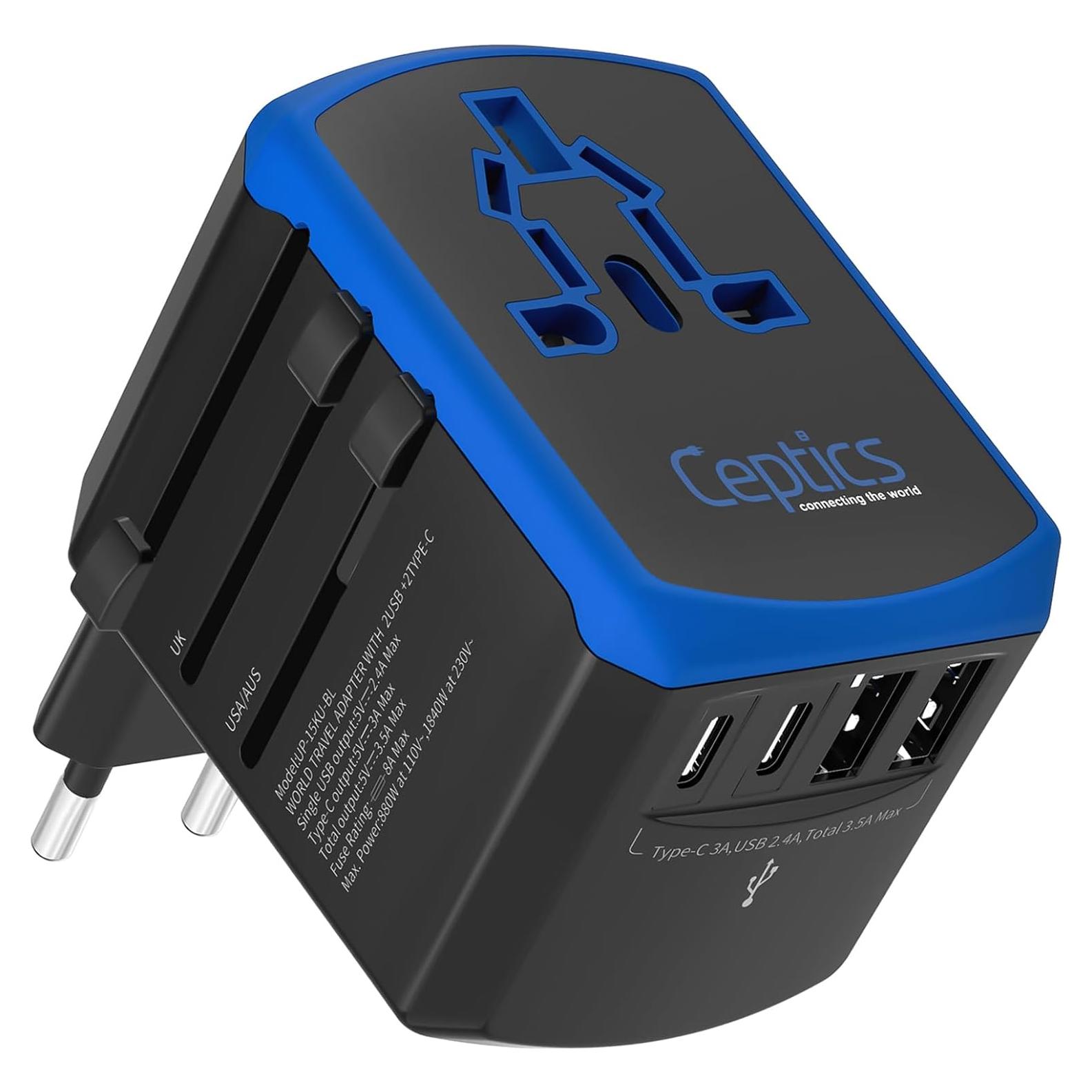 Adaptador de Viaje Universal Ceptics 5 en 1 con USB-C 3.5A