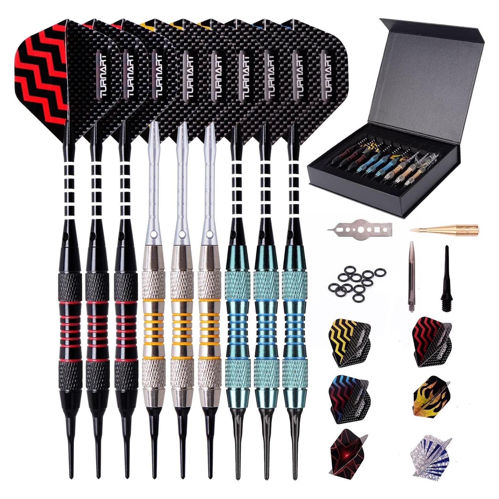 Turnart Darts Plastic Tip - Professional Soft Tip Darts Set for Electronic Dartboard 9 Pcs 18 Grams with 50 Extra Tips 9 Shafts 27 Flights Tool Kit Flight Protectors and Gift Darts Case