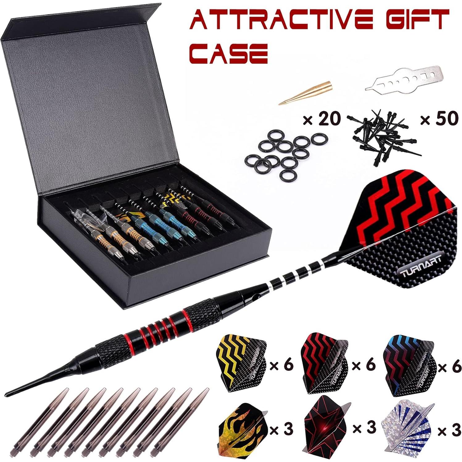 Turnart Darts Plastic Tip - Professional Soft Tip Darts Set for Electronic Dartboard 9 Pcs 18 Grams with 50 Extra Tips 9 Shafts 27 Flights Tool Kit Flight Protectors and Gift Darts Case