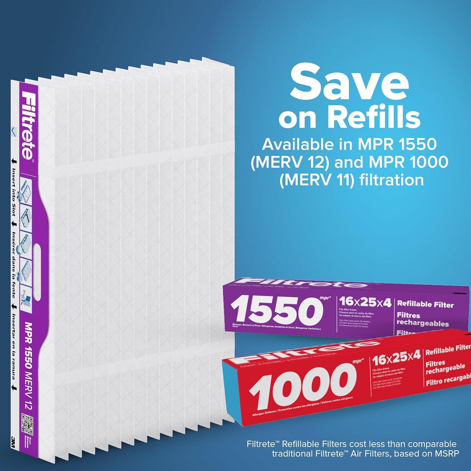 Filtrete 16x25x4 Refillable Air Filter replacement, MPR 1550, MERV 12, Allergen Bacteria & Virus, 2 Pack, use with reusable air filter frame of Filtrete Refillable Air Filter Kit, for HVAC, Furnace