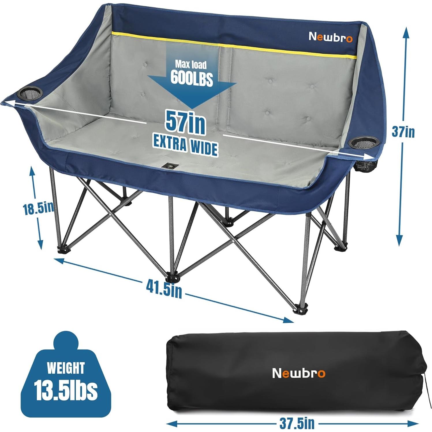 Silla de Camping Doble Newbro Plegable Acolchada 272 kg Azul