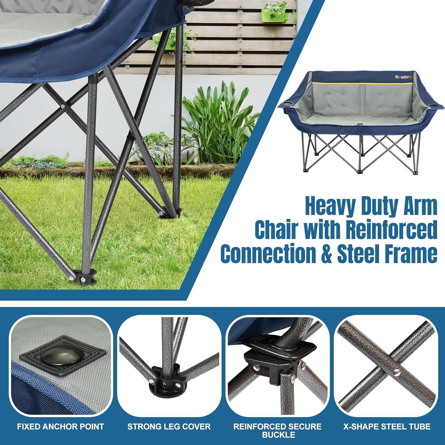 Silla de Camping Doble Newbro Plegable Acolchada 272 kg Azul