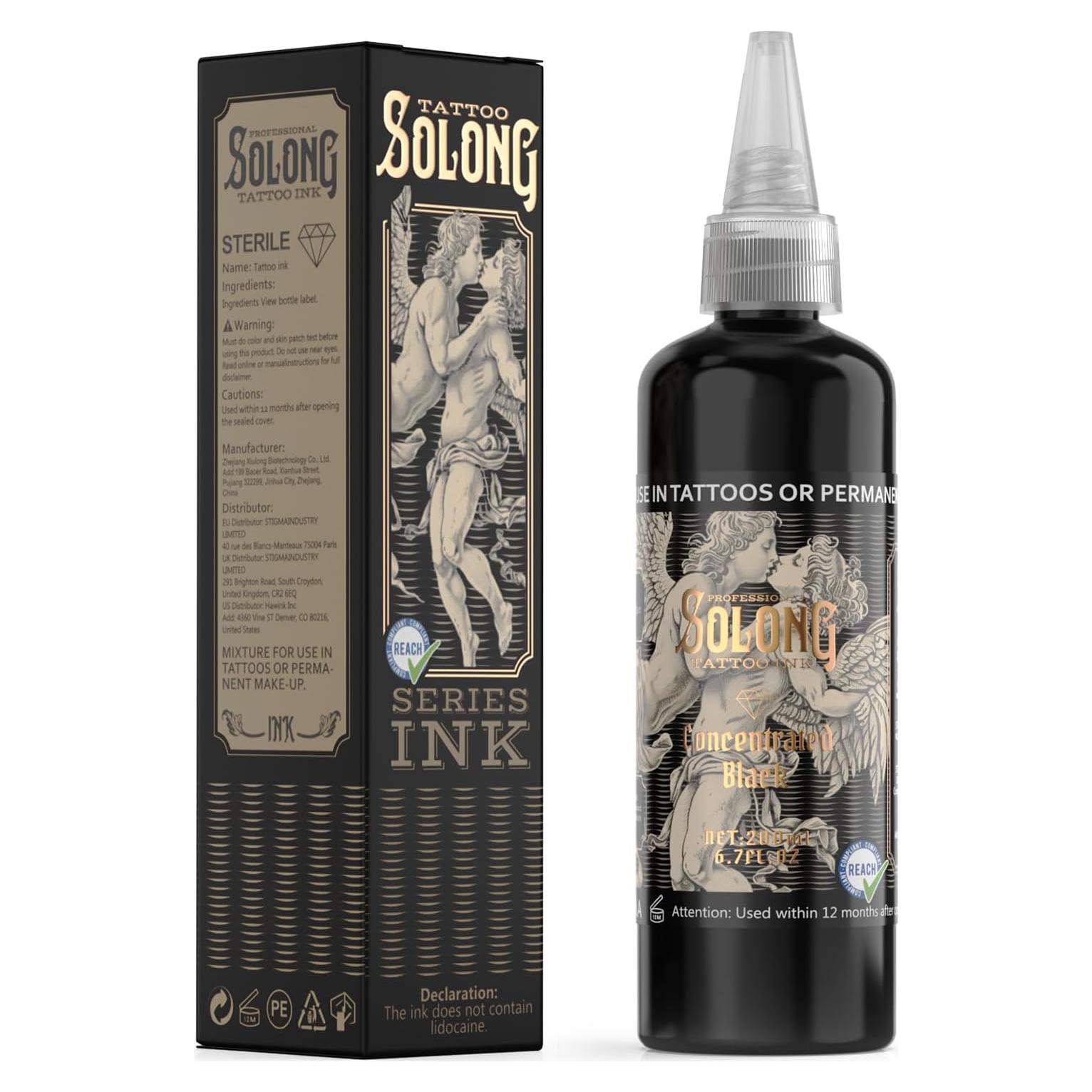 Tinta para Tatuajes Solong 200ml Negra Profesional Concentrada