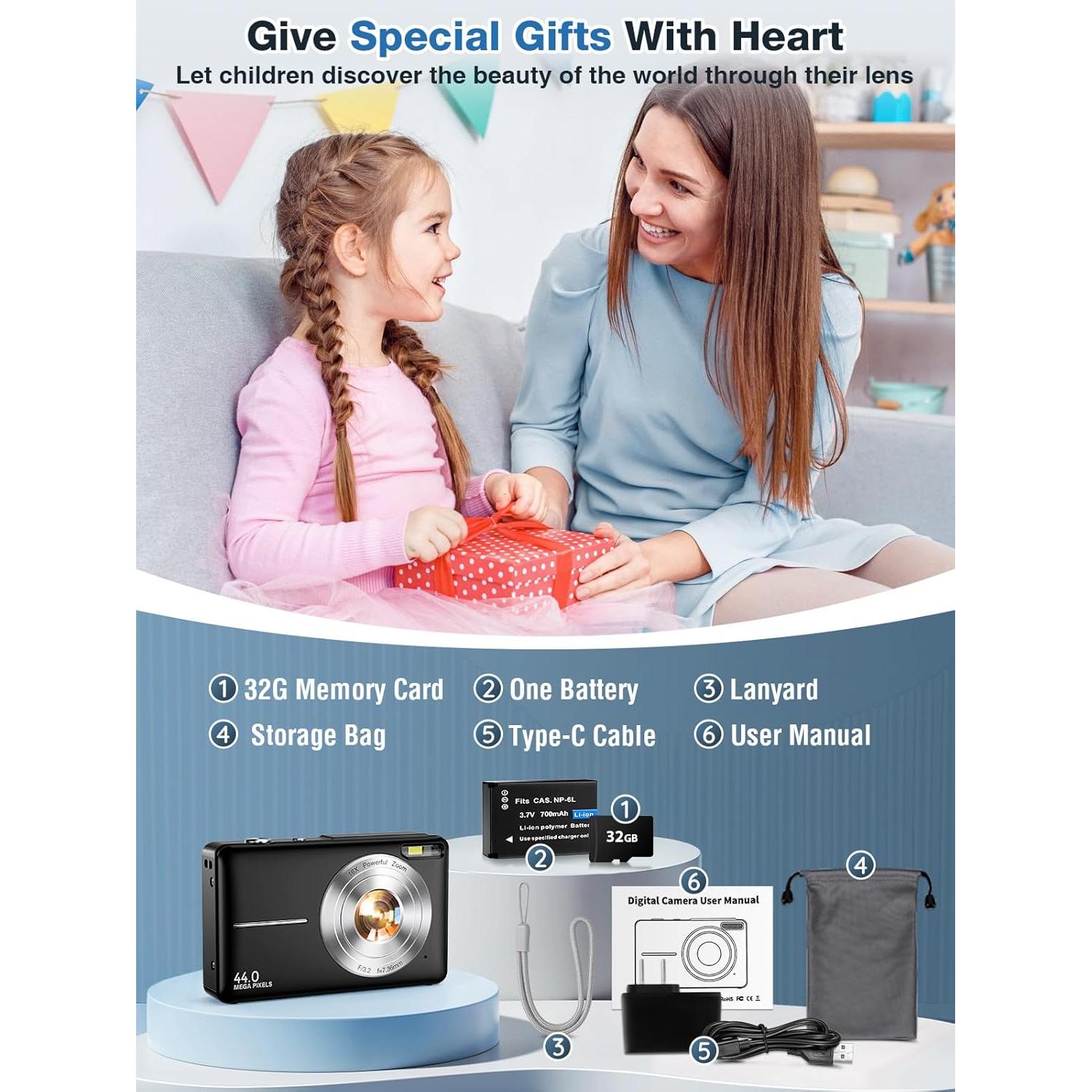 Cámara Digital para Niños Nsoela DC403 44MP FHD 1080P Zoom 16X