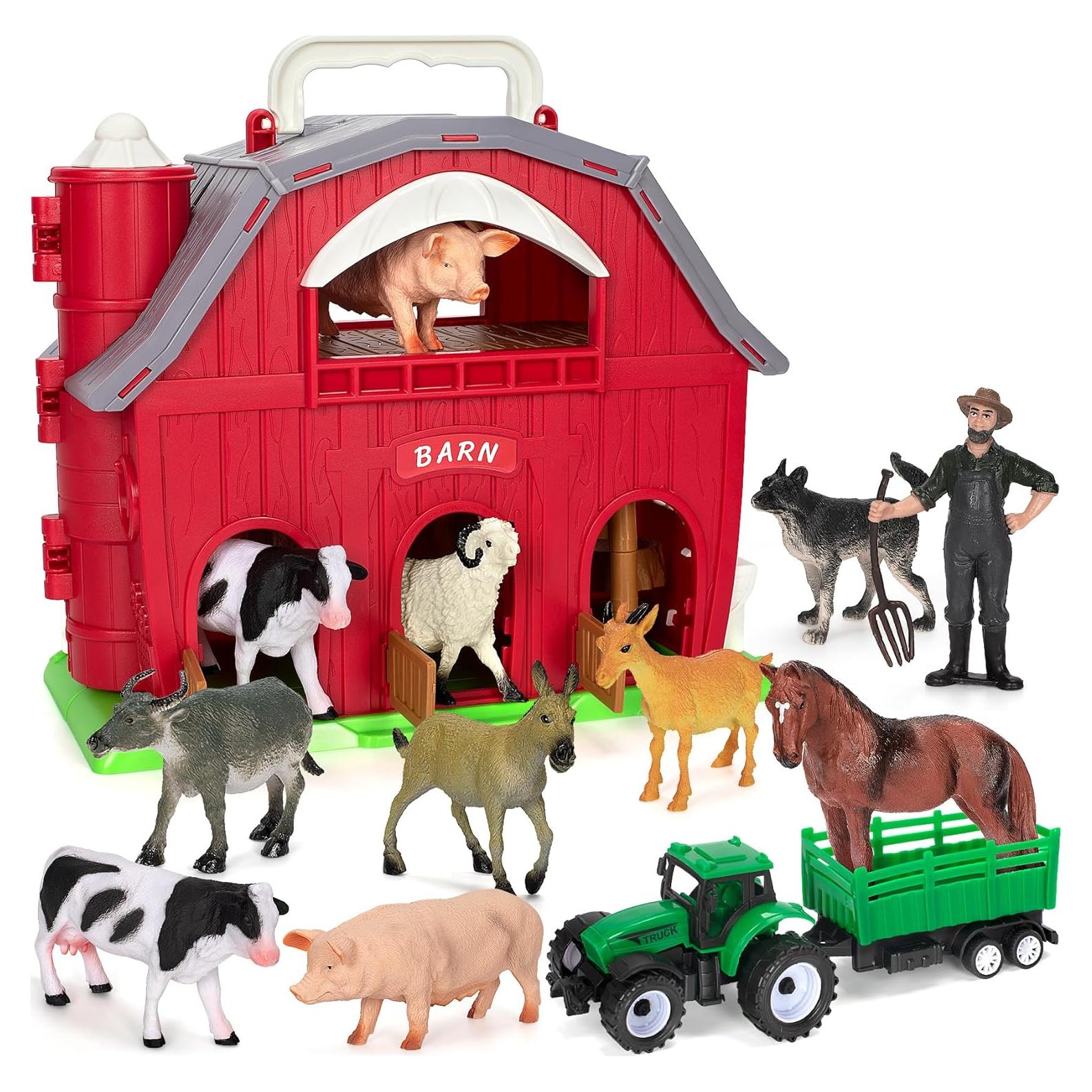 Juego de Granja Roja Ellinjan con Animales y Tractor 27,9 cm