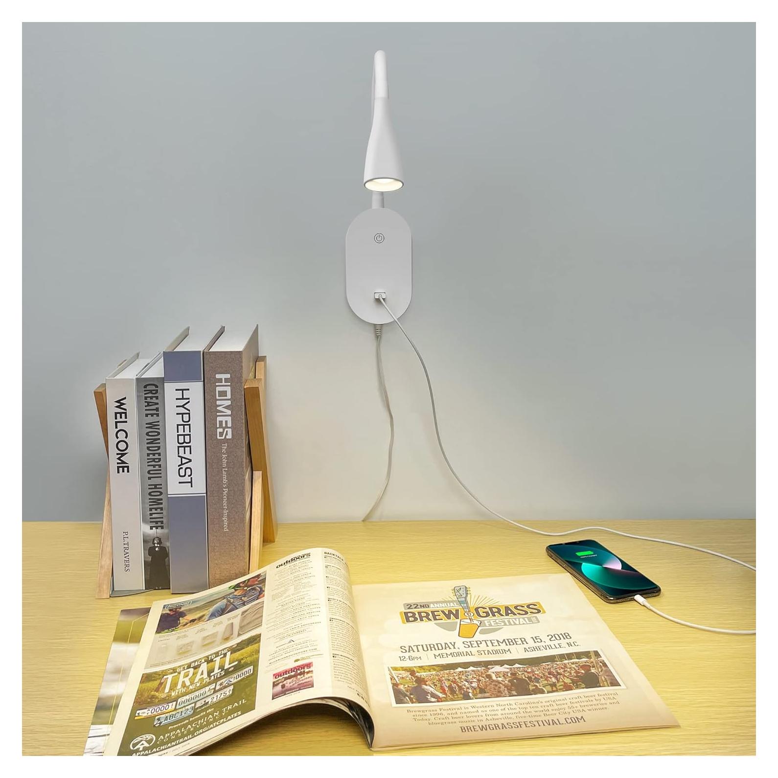 Lámpara de Lectura de Pared TOPMB 3000K con USB y 5 Brillos