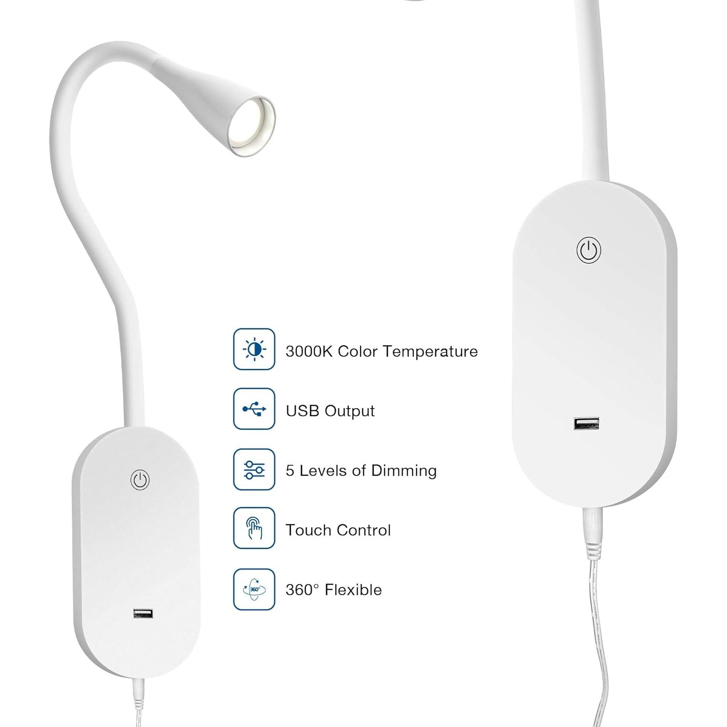 Lámpara de Lectura de Pared TOPMB 3000K con USB y 5 Brillos