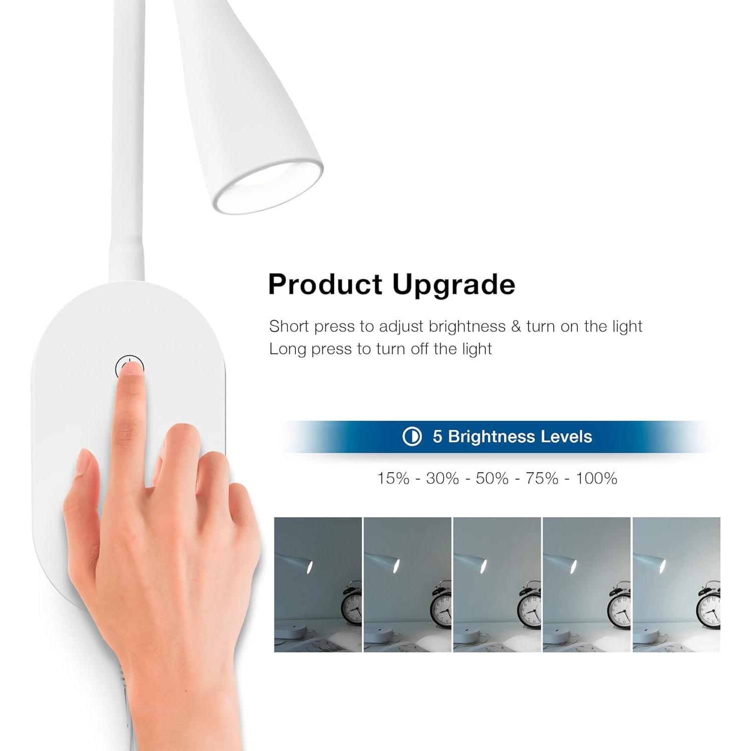 Luz de Lectura de Pared TOPMB con USB y 5 Niveles de Brillo