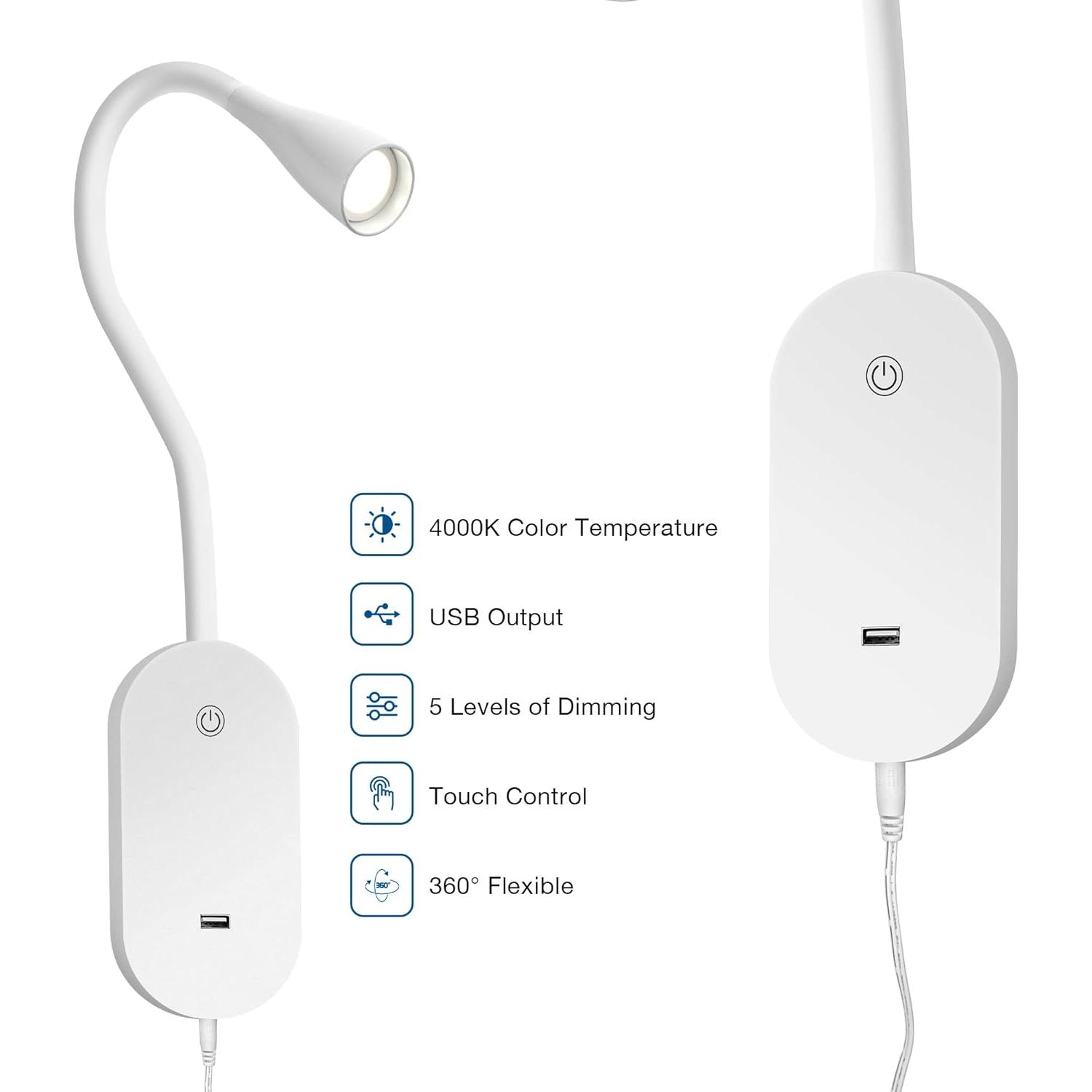 Luz de Lectura de Pared TOPMB con USB y 5 Niveles de Brillo