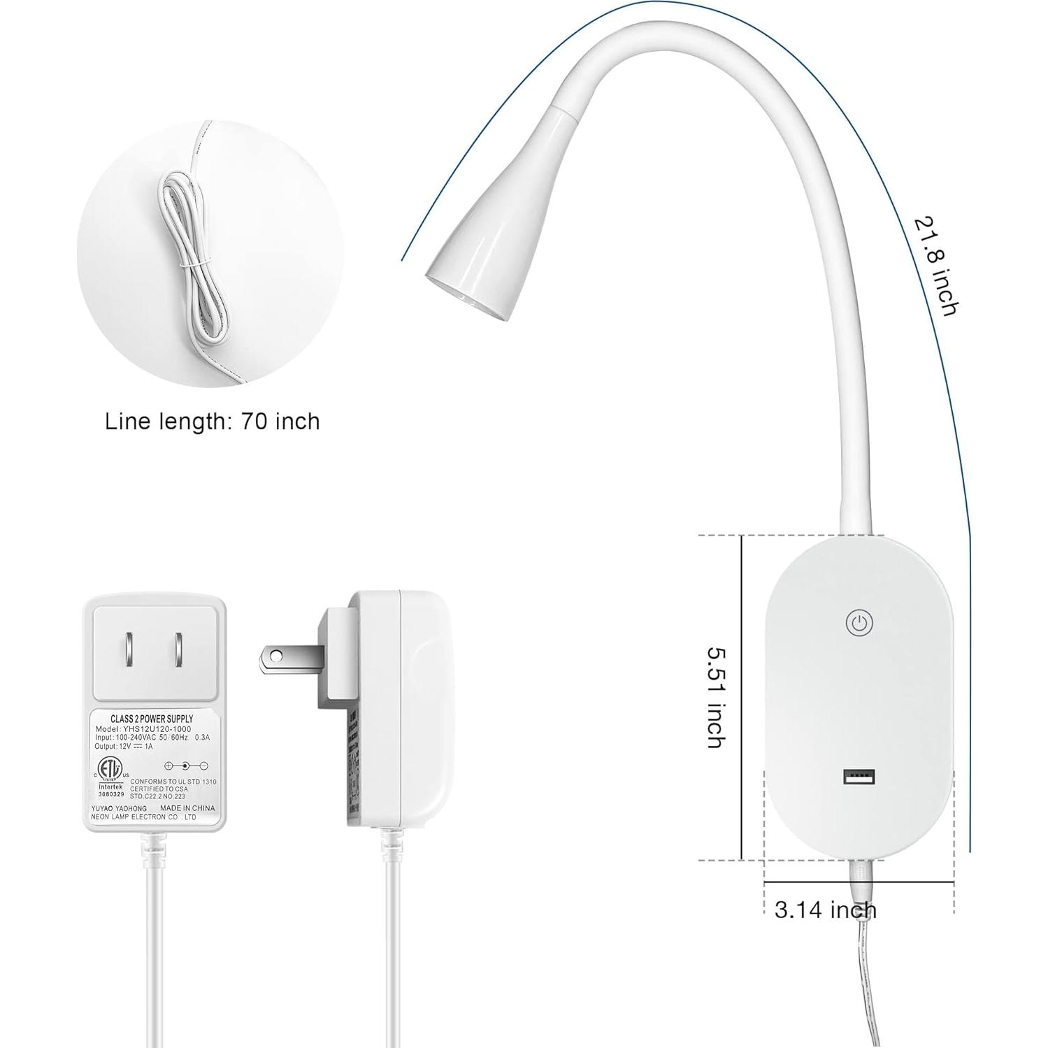 Luz de Lectura de Pared TOPMB con USB y 5 Niveles de Brillo