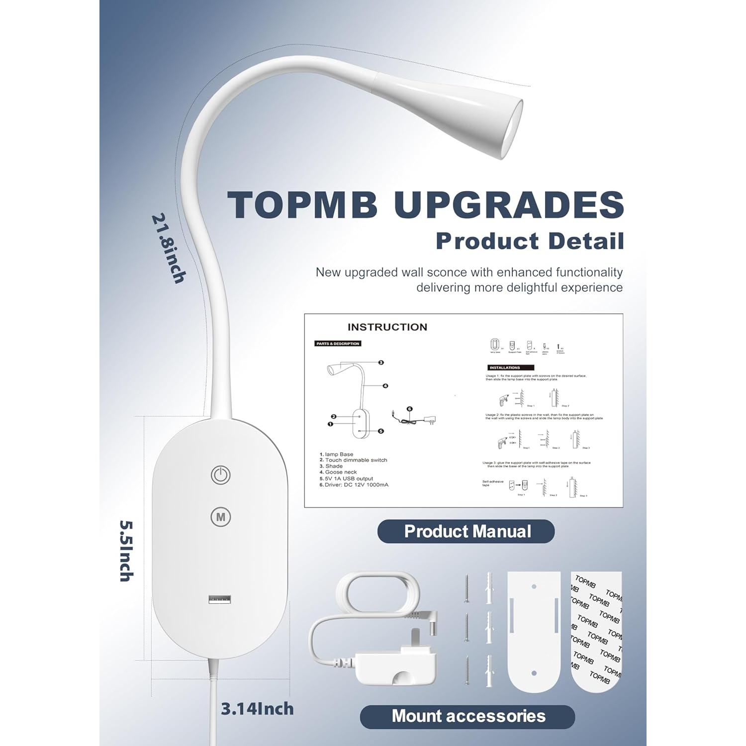 Lámpara de Lectura de Pared TOPMB WD6103S-MW Blanca 335 Lúmenes