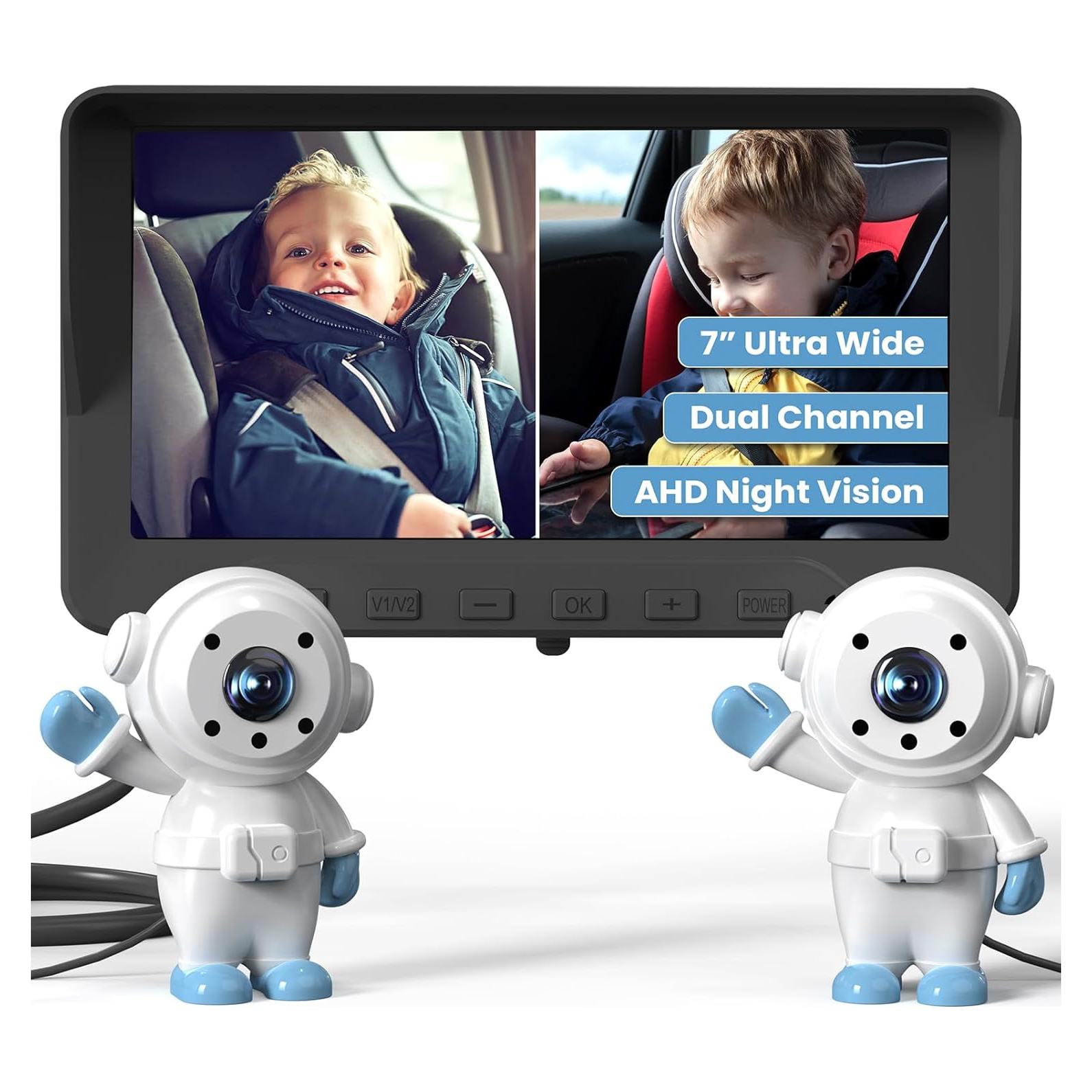 Cámara de Auto para Bebés GROWNSY 7" HD con 2 Cámaras y Visión Nocturna