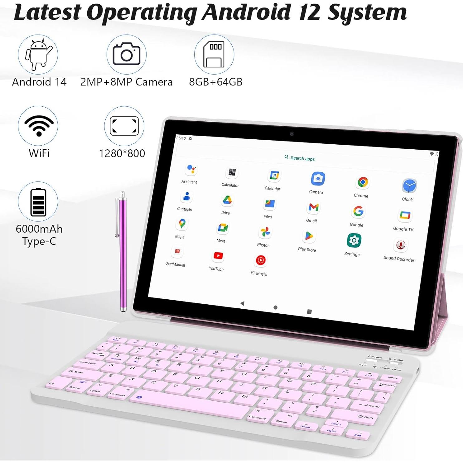 Tableta 2 en 1 NOVOJOY 10.1" Android 14, 64GB, 8GB RAM Rosa