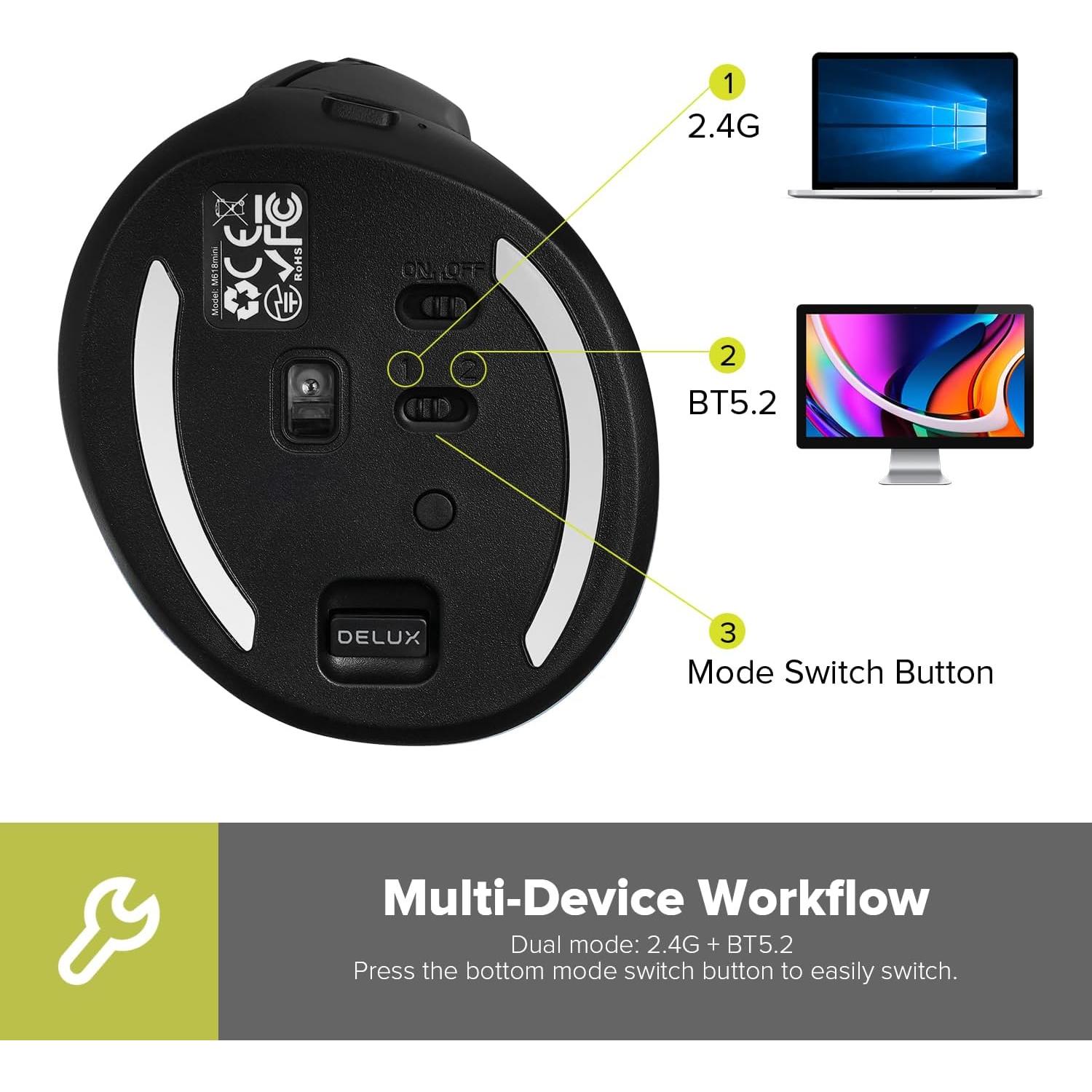 DeLUX Ratón Vertical Inalámbrico Ergonómico M618 Mini 4000 DPI