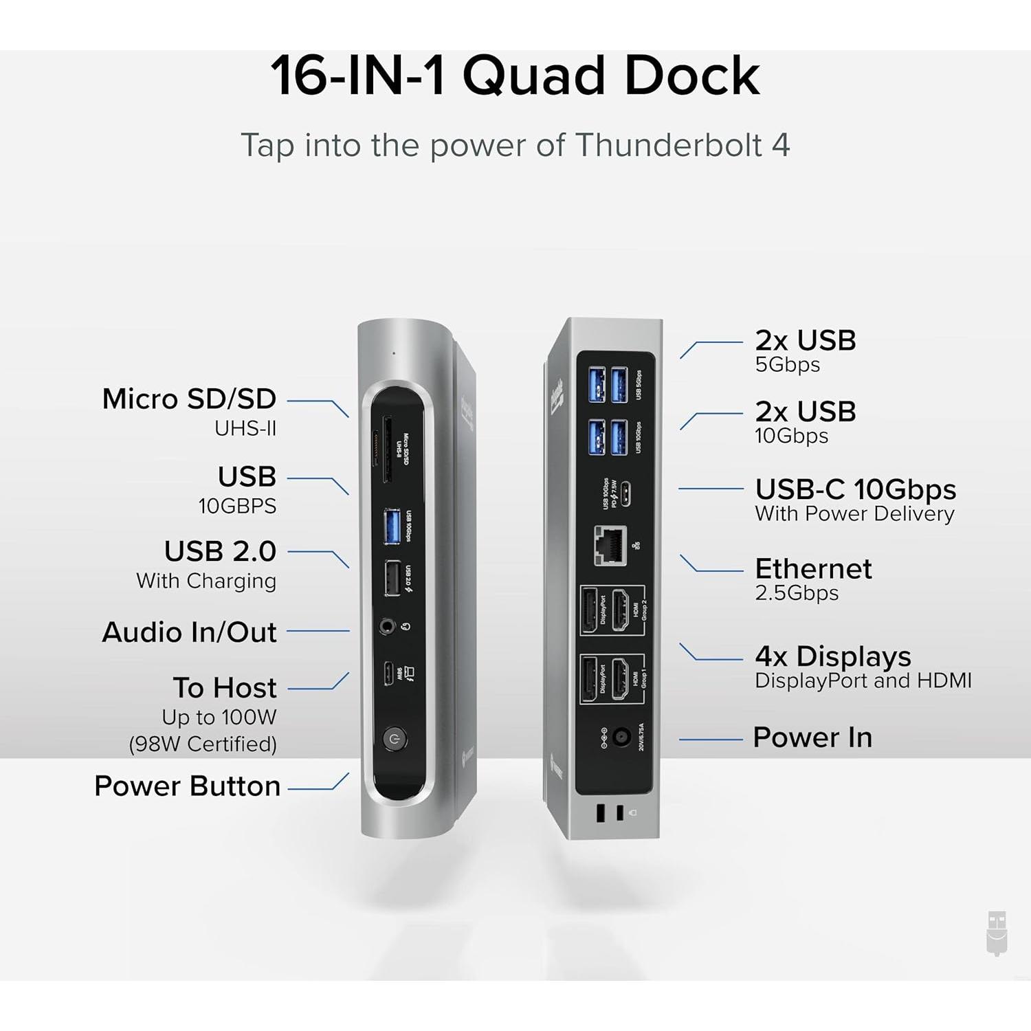 Dock Plugable 16-en-1 Thunderbolt 4 Doble Monitor 4K 100W