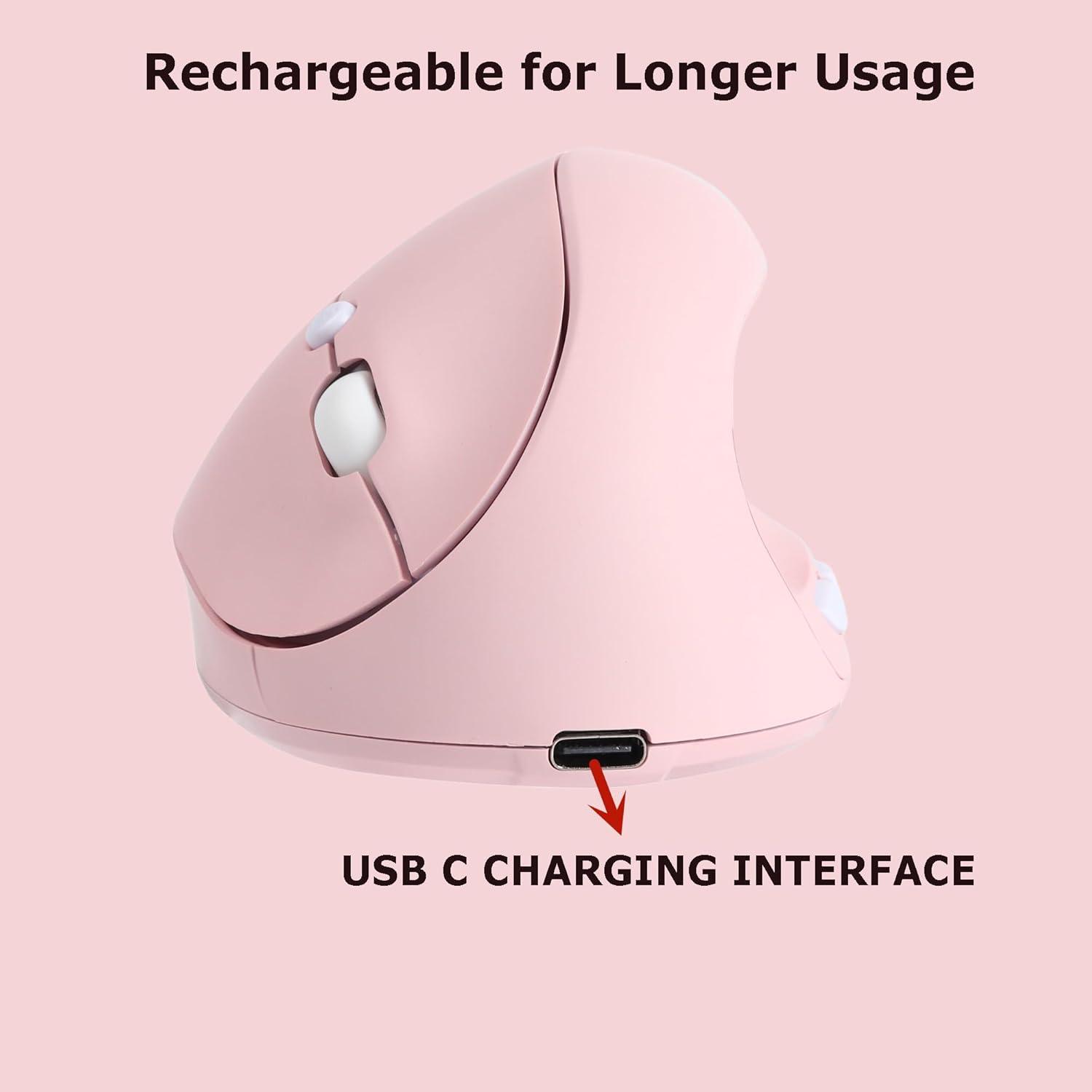 Ratón Inalámbrico Ergonómico Vertical Rosa Recargable para PC