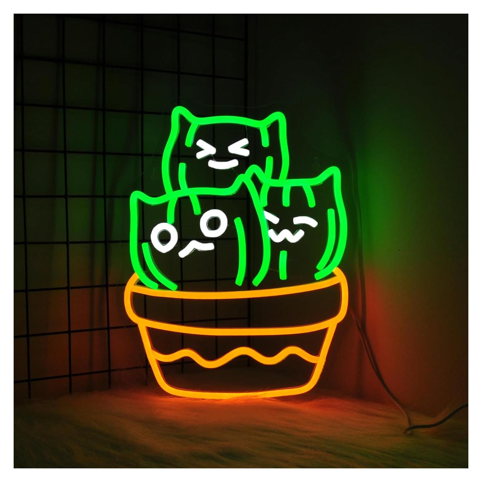 Luz de Neón LED Gato Cactus 35.5x27.5cm USB Decorativa