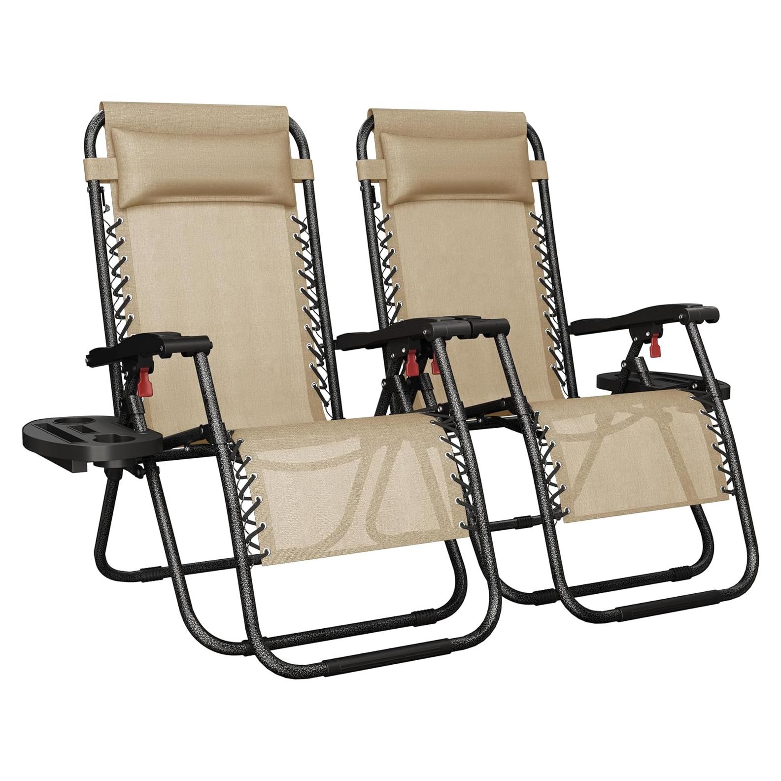 Yaheetech Zero Gravity Recliners Outdoor Adjustable Folding Reclining Lounge Chairs w/Pillows, Cup Holder Trays and Carry Strap for Patio Backyard Beach Beige Set of 2