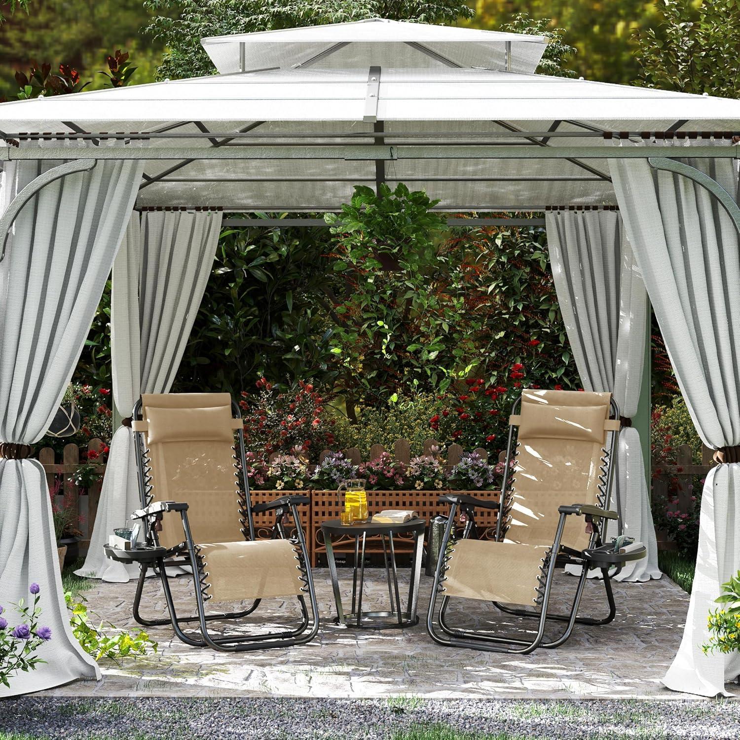 Yaheetech Zero Gravity Recliners Outdoor Adjustable Folding Reclining Lounge Chairs w/Pillows, Cup Holder Trays and Carry Strap for Patio Backyard Beach Beige Set of 2