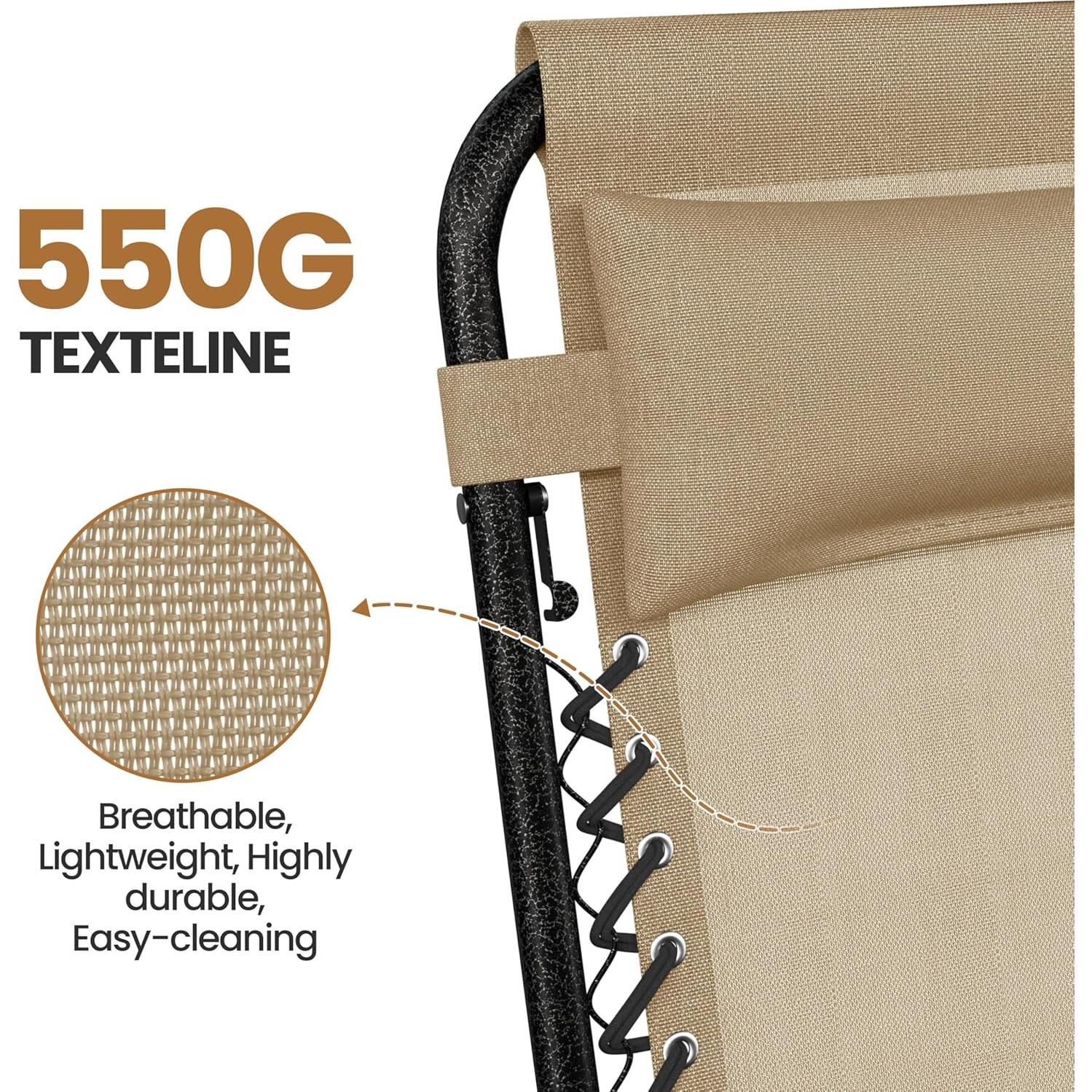 Yaheetech Zero Gravity Recliners Outdoor Adjustable Folding Reclining Lounge Chairs w/Pillows, Cup Holder Trays and Carry Strap for Patio Backyard Beach Beige Set of 2