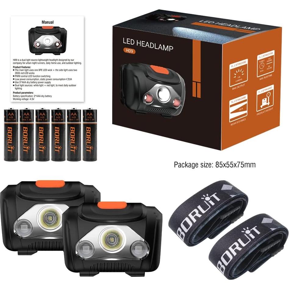 Linterna Frontal LED BORUIT H09 2-Pack Luz Roja Blanca 4 Modos