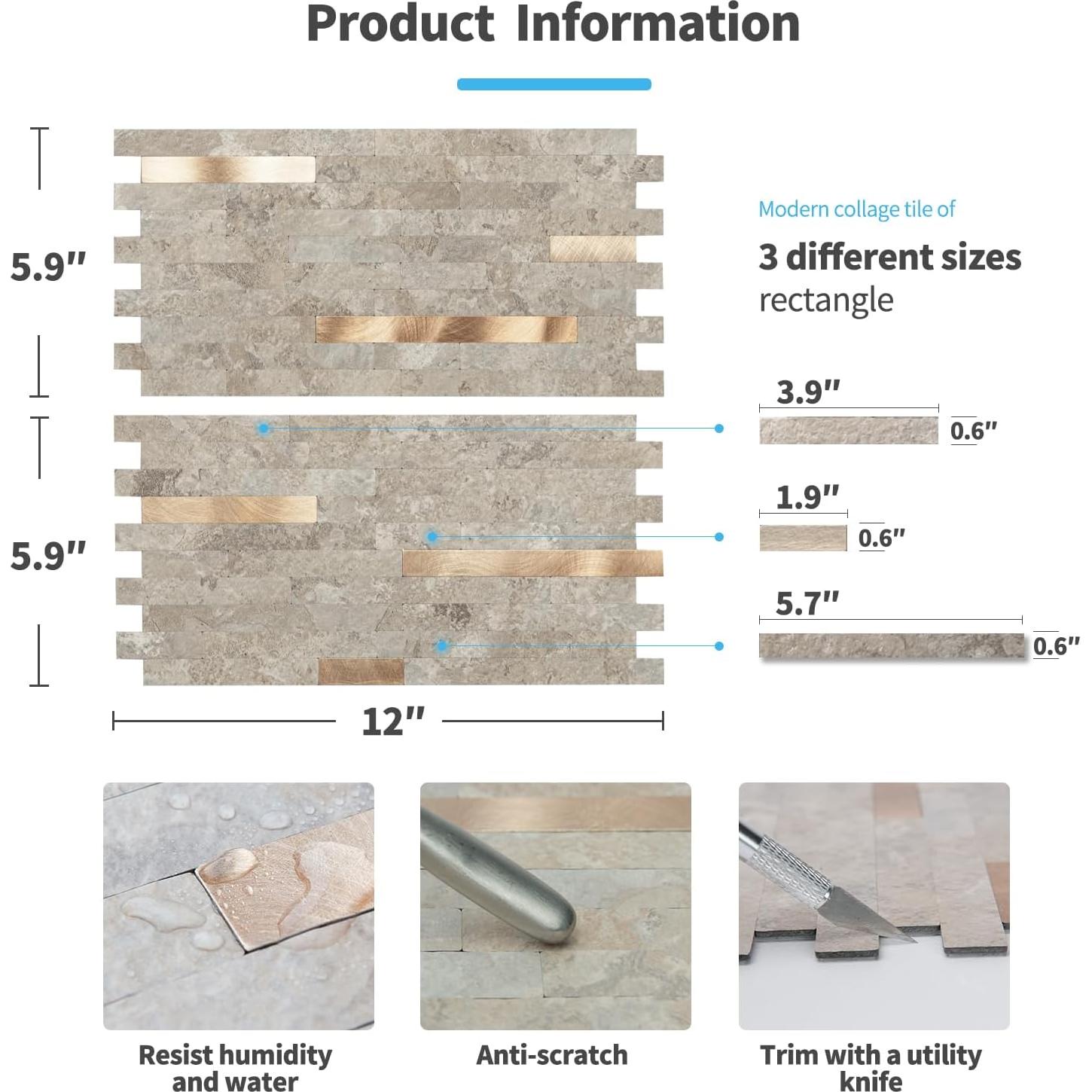 Azulejos Autoadhesivos Art3d 20 Hojas Pizarra Ecru 15x30.5cm