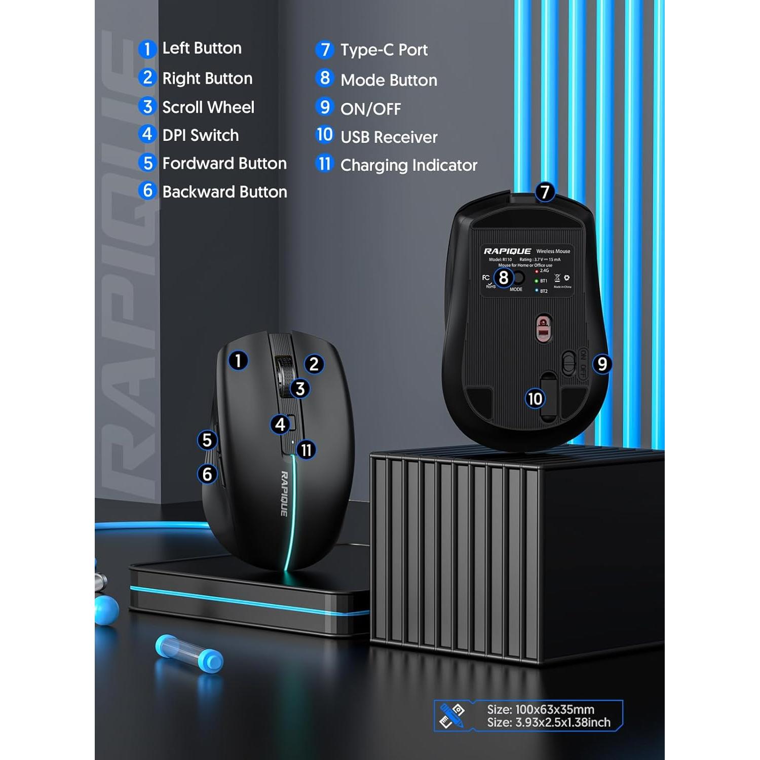 Ratón Inalámbrico RAPIQUE R110 Bluetooth Recargable Negro