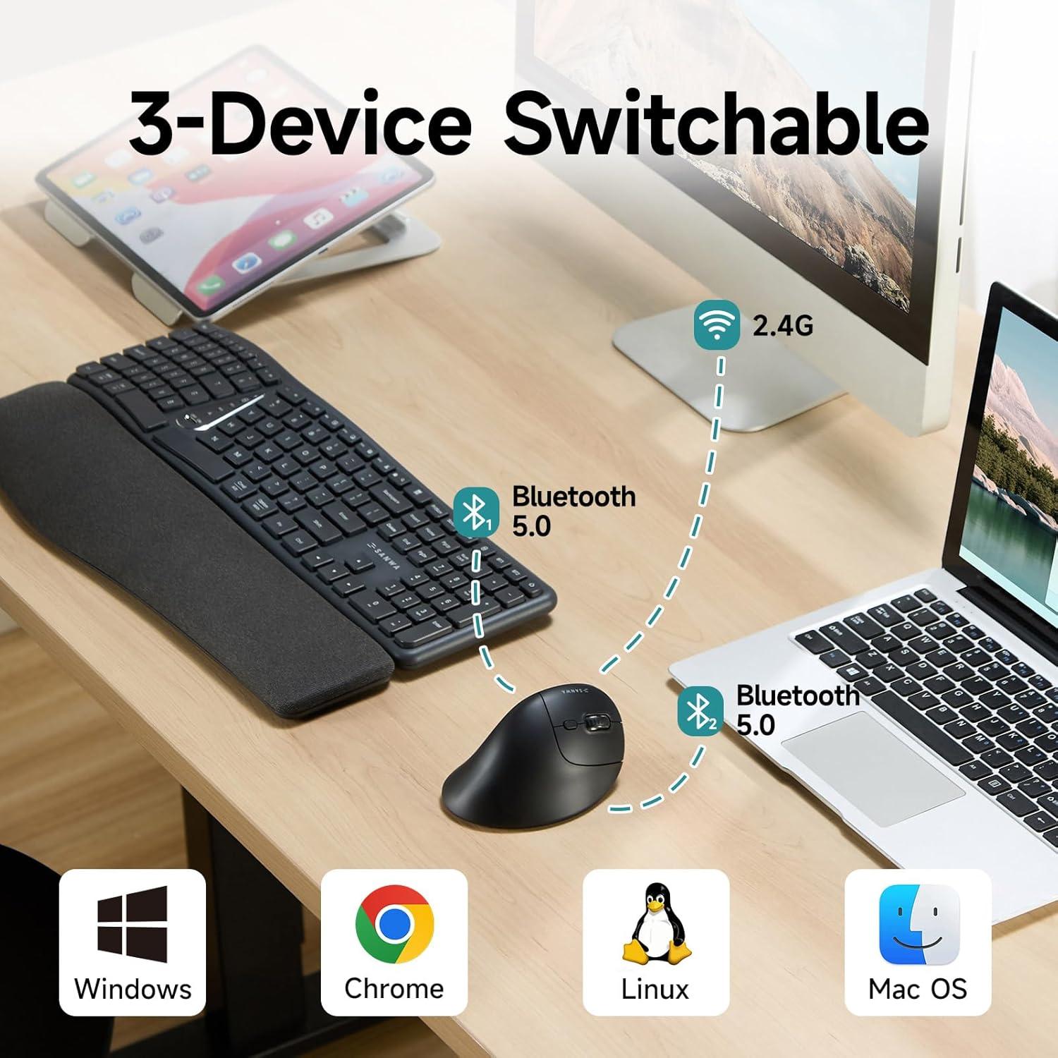 Ratón Vertical Ergonómico SANWA GMAERGWBT5-DPH Inalámbrico 2.4G + Bluetooth