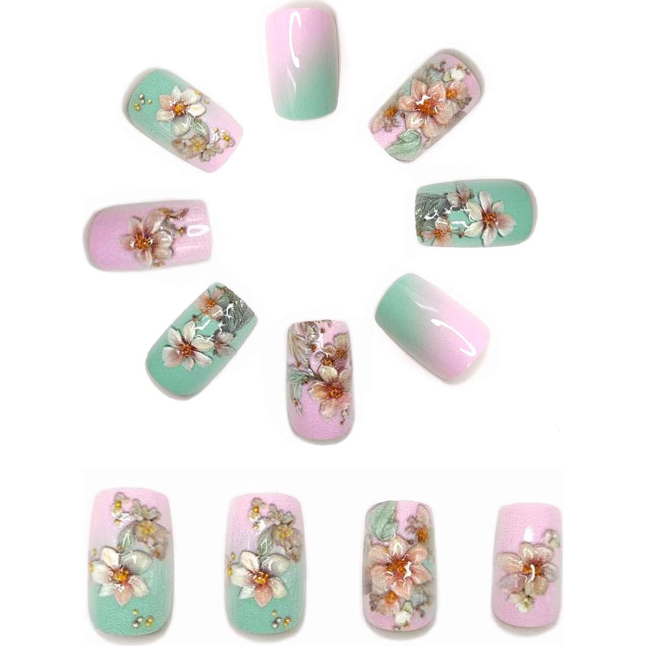 24 Uñas Postizas Cortas OCOUYVD Floral Rosa y Blanco