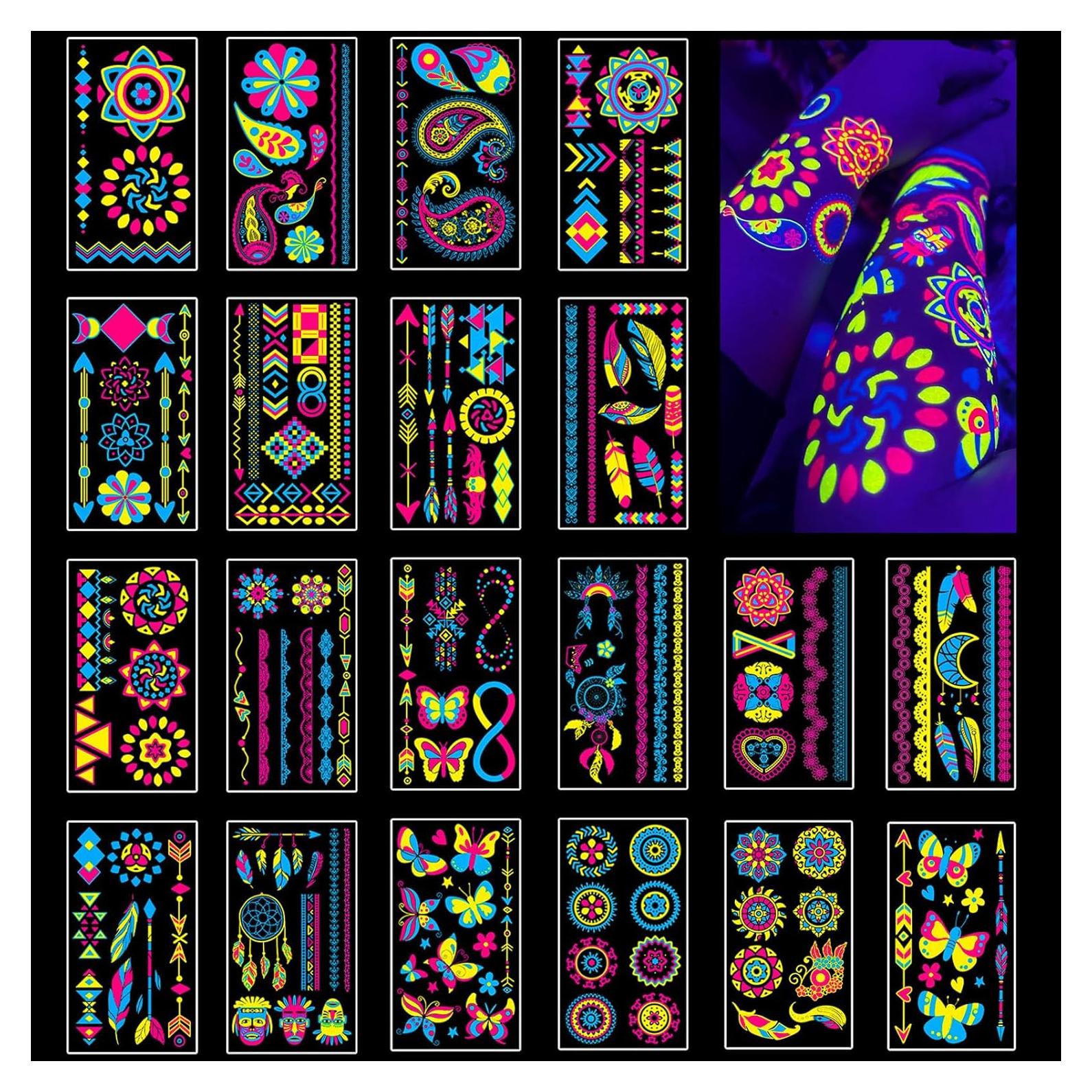 Tatuajes Temporales Brillantes AIRNOGO 170 PCS UV Neón