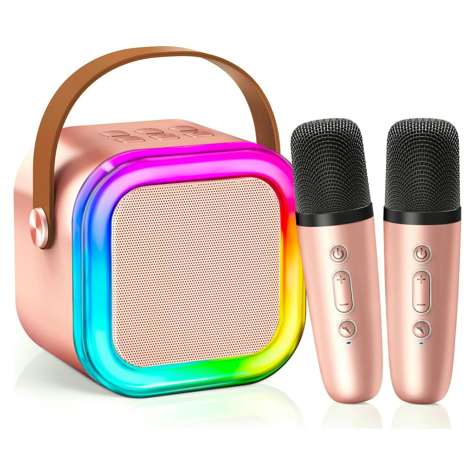 Mini Máquina de Karaoke CscyyAmz Oro Rosa 2 Micrófonos Inalámbricos