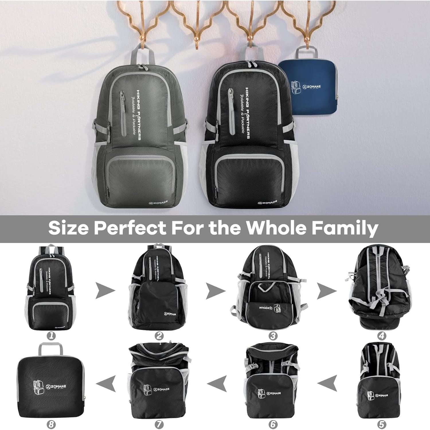 Mochila Plegable Ligera ZOMAKE 35L Resistente al Agua Negra