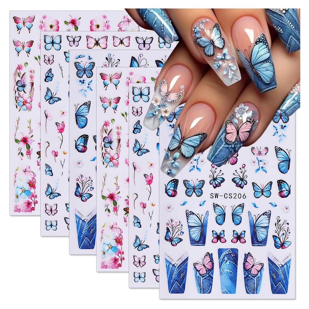 Calcomanías de Uñas 3D Mariposa y Flores LPOODDNU - 6 Hojas