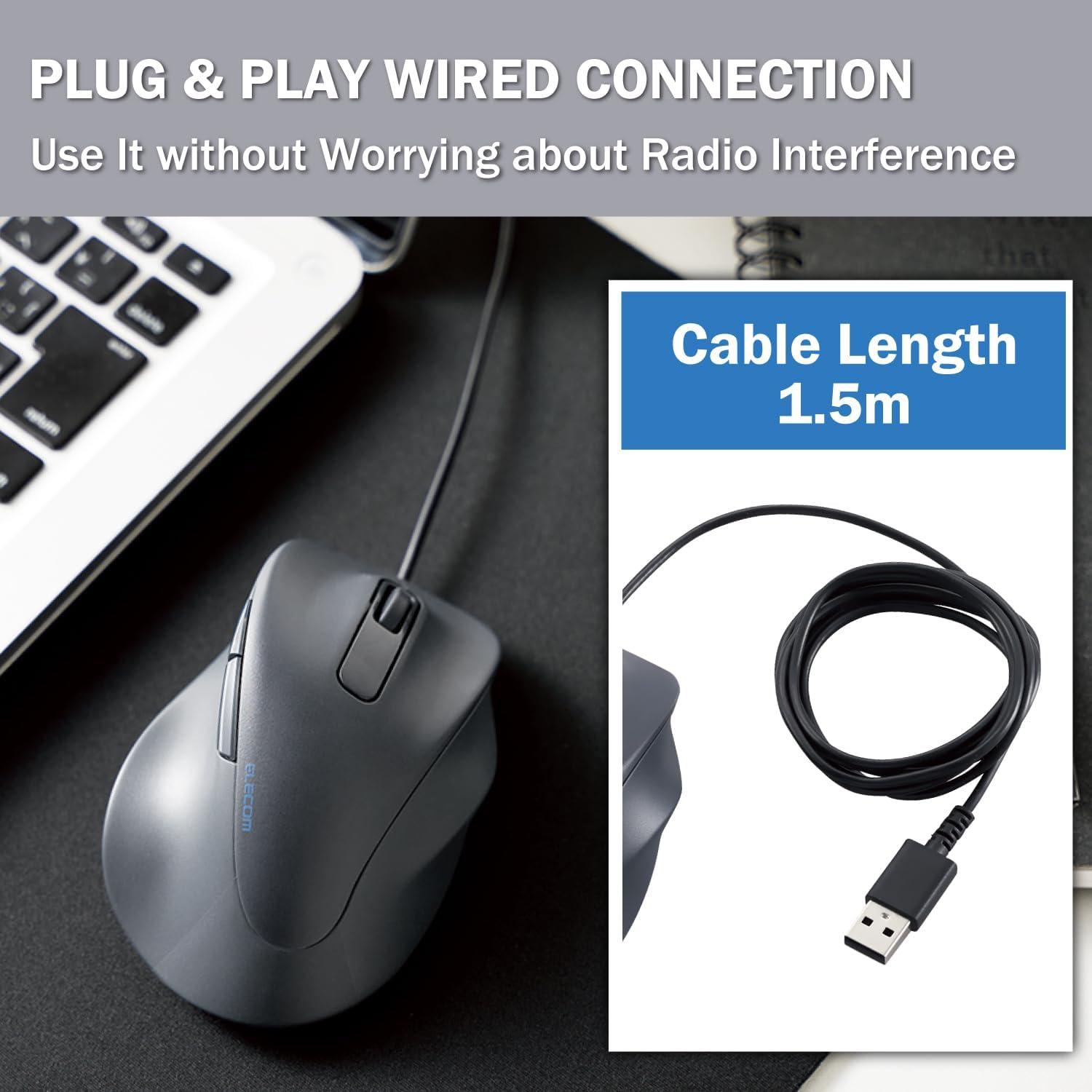 Ratón USB Ergonómico Elecom M-XGM30UBSKBK, Clic Silencioso, 2000DPI