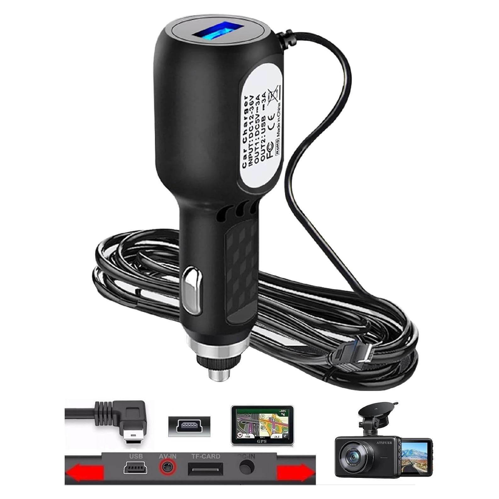 Cable de Cargador Mini USB ATYFUER 3.5m para Dash Cam y GPS
