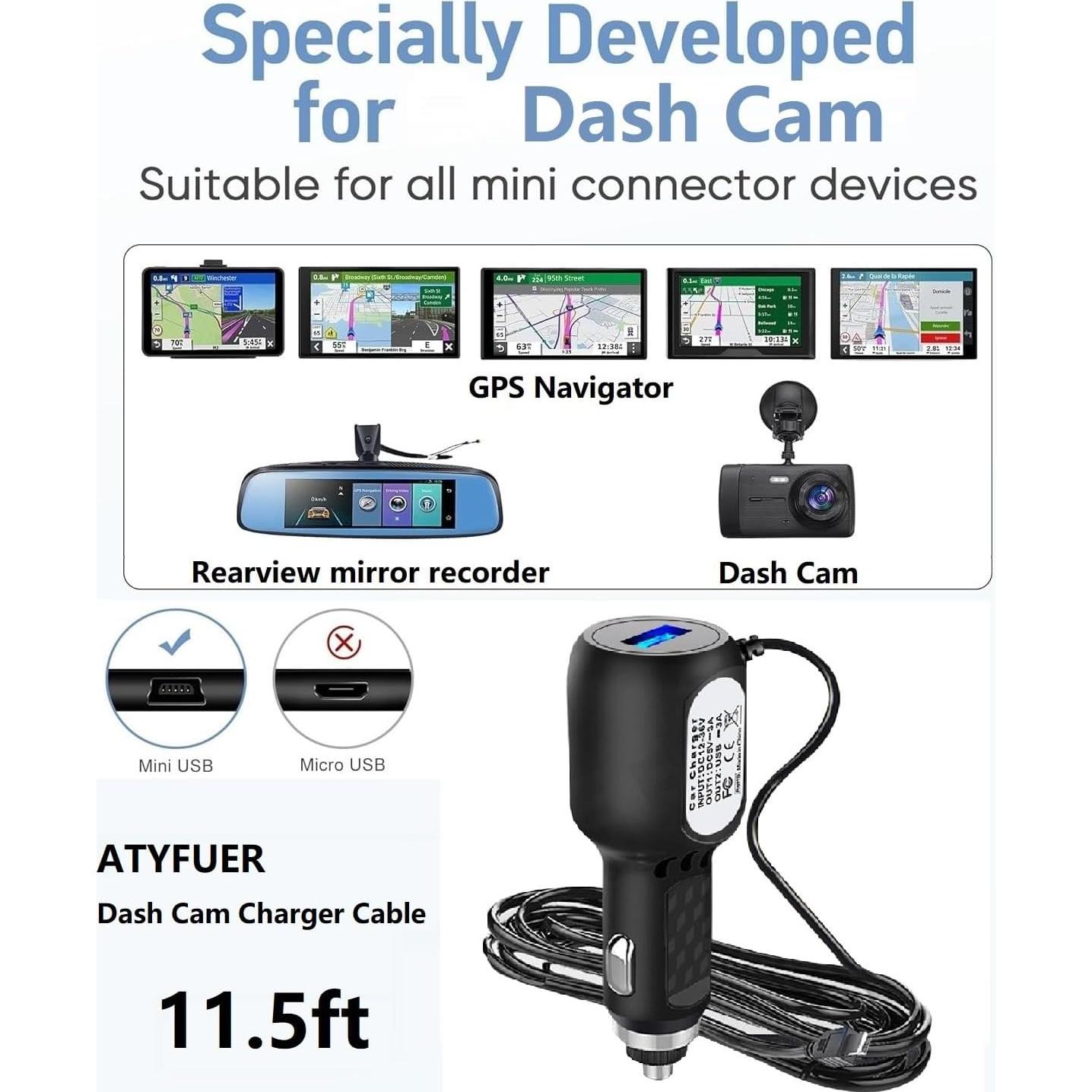 Cable de Cargador Mini USB ATYFUER 3.5m para Dash Cam y GPS