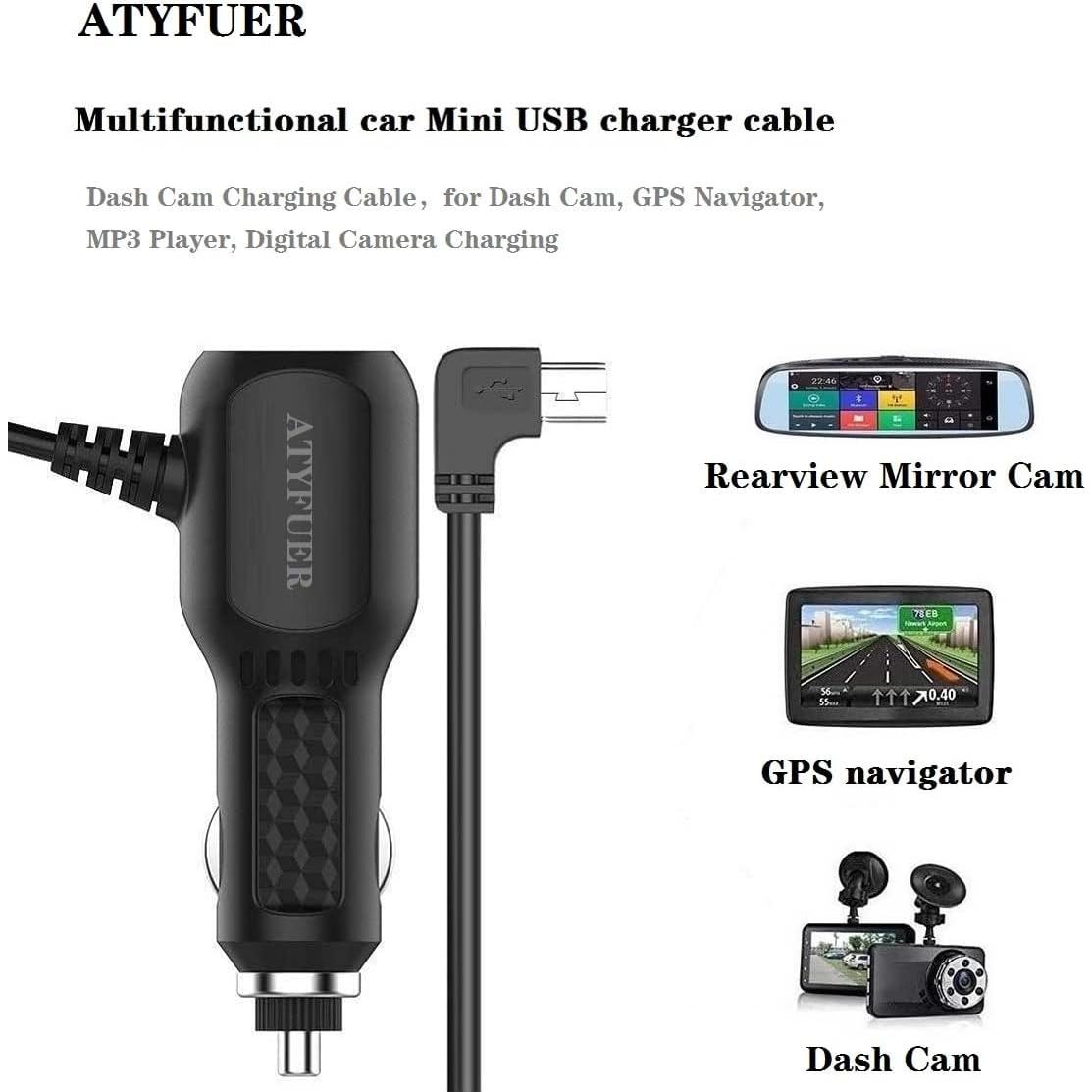 Cable de Cargador Mini USB ATYFUER 3.5m para Dash Cam y GPS