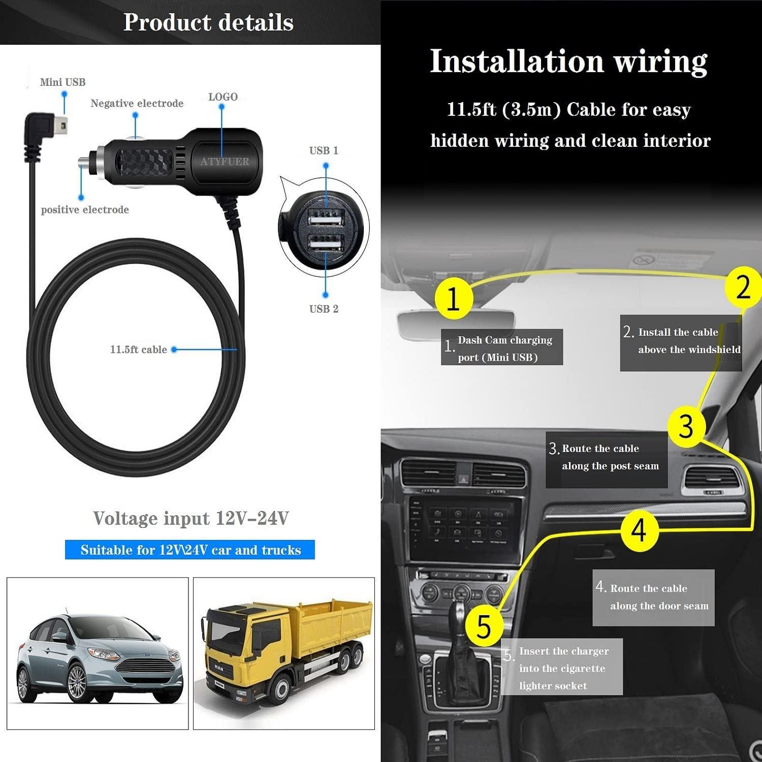 Cable de Cargador Mini USB ATYFUER 3.5m para Dash Cam y GPS