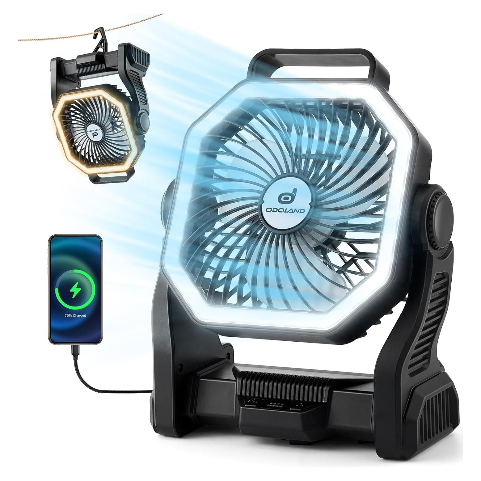 Ventilador de Camping Odoland 20000mAh con Linterna LED Negro