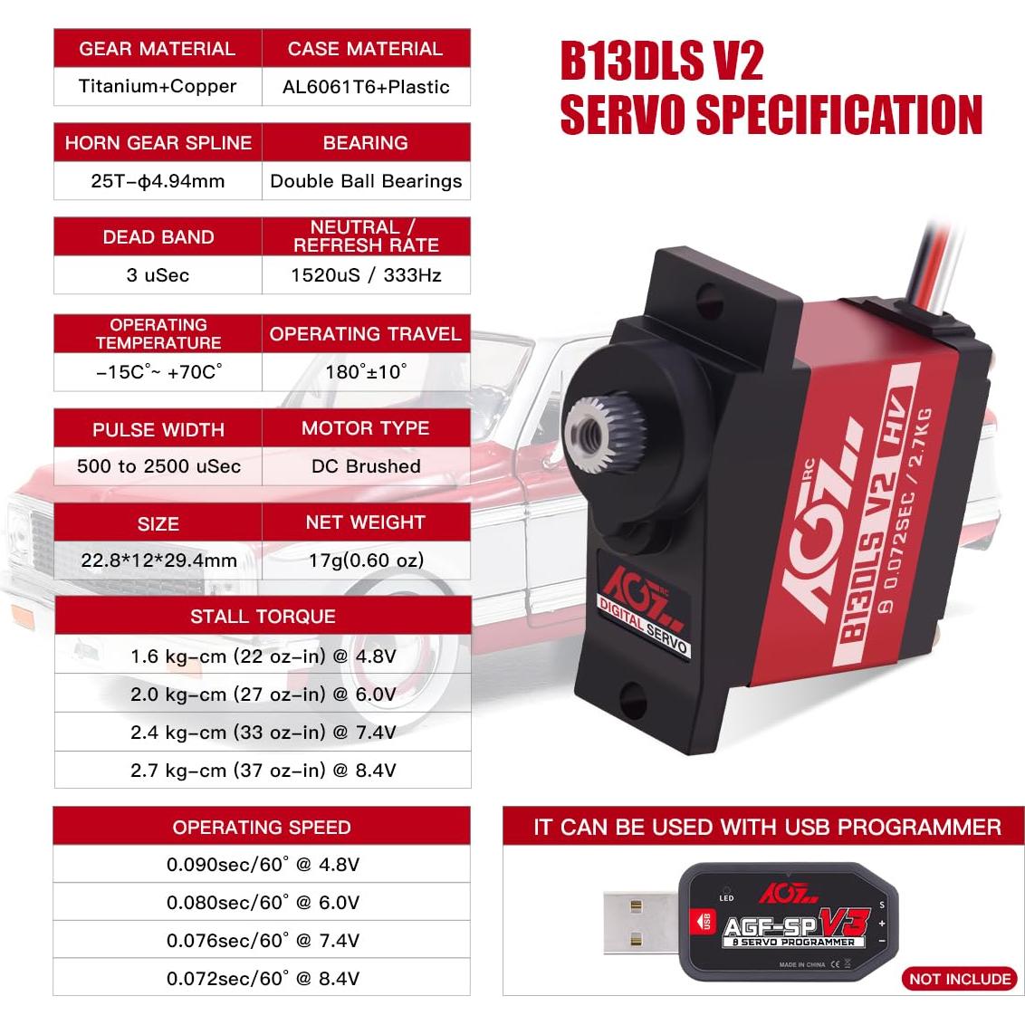 Servo AGFRC B13DLS V2 Digital 17g 0.072s para Coche RC