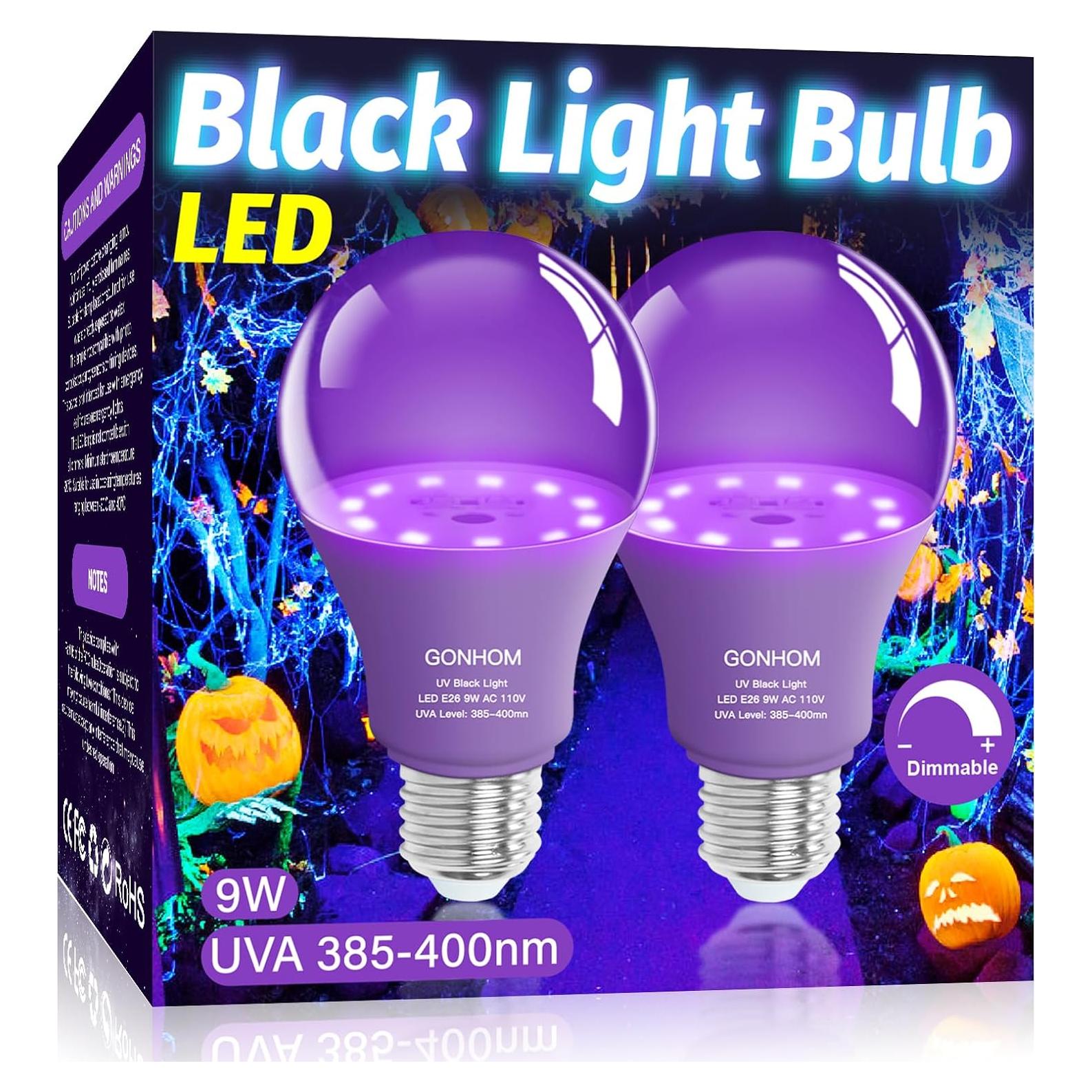 Paquete de 2 bombillas LED luz negra Gonhom 9W E26 110V