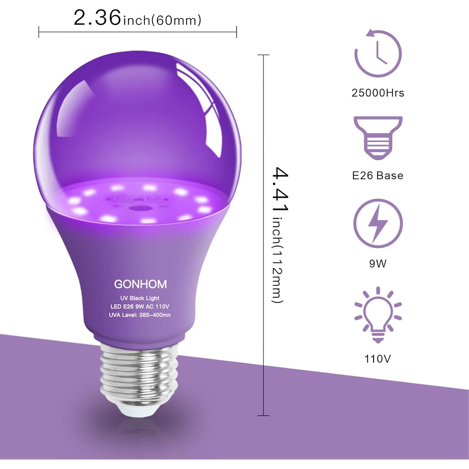 Paquete de 2 bombillas LED luz negra Gonhom 9W E26 110V