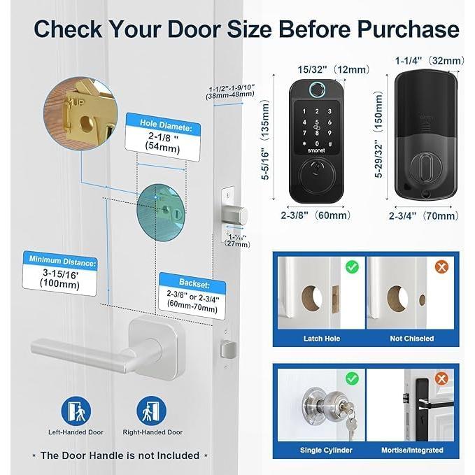 Smart Door Lock WiFi Deadbolt: SMONET Keyless Entry Front Fingerprint Keypad Electronic Digital Locks Alexa Deadbolt Remote Control, Bluetooth APP KeyFob Code Auto-Lock for Home, Black
