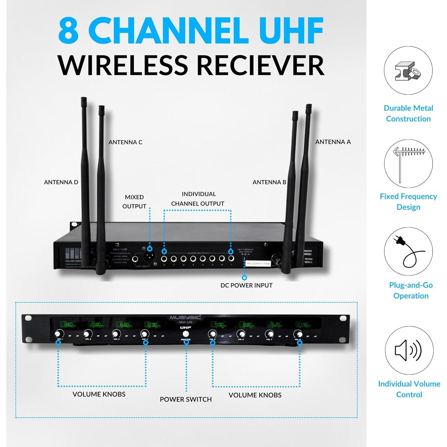 Micrófono Inalámbrico UHF MUSYSIC 8 Canales Karaoke 3.8 kg
