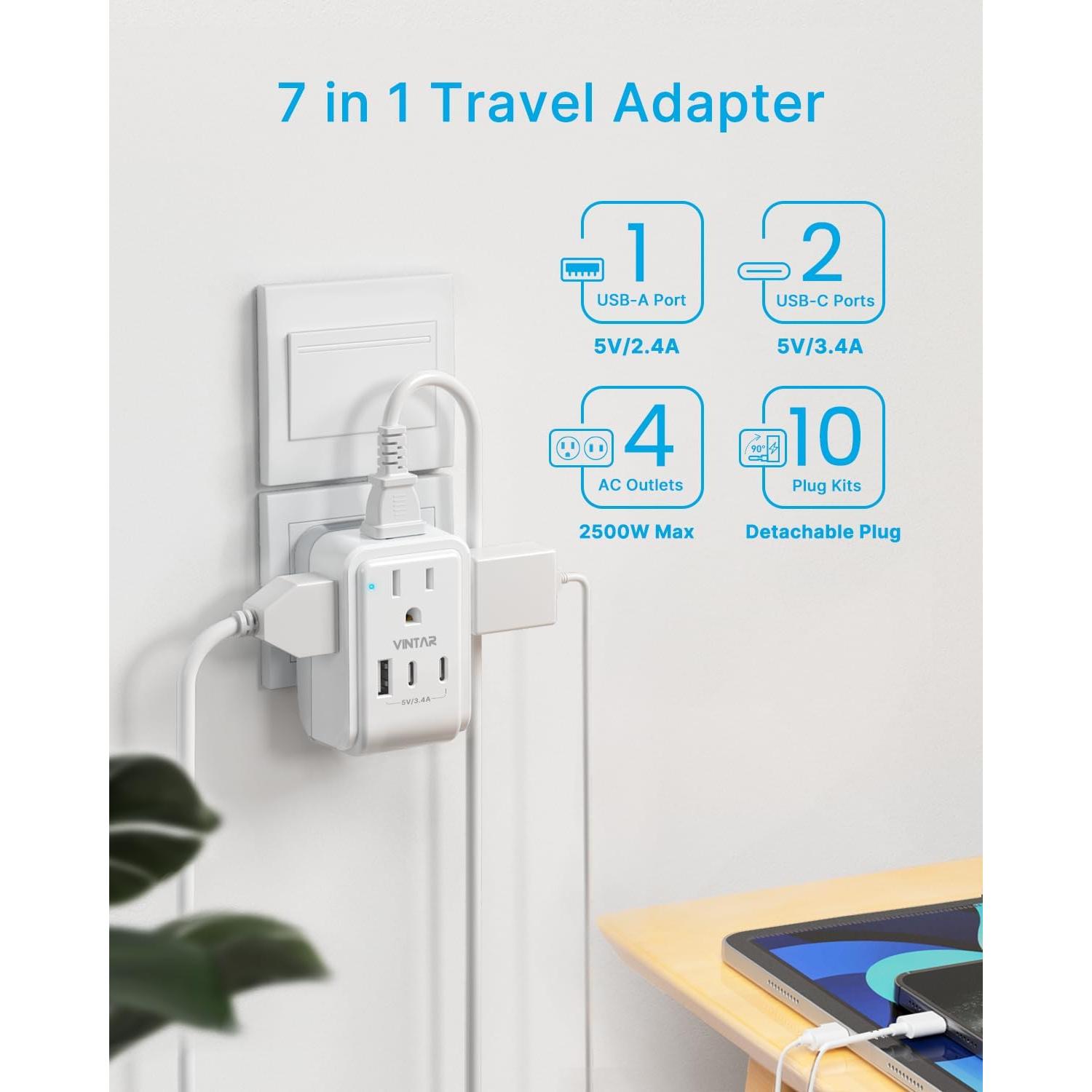 Adaptador de Viaje Universal VINTAR 7-en-1 con 4AC y 3 USB