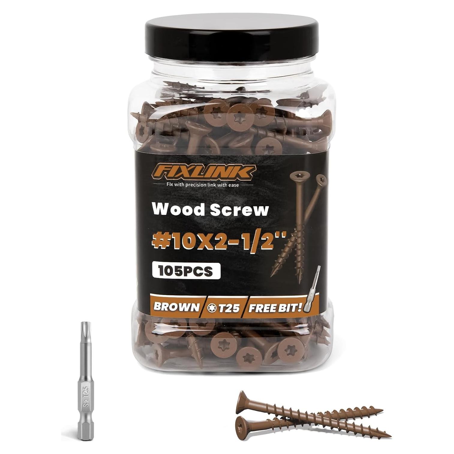 Tornillos de Madera FIXLINK #10 x 6.35 cm, 105 Pcs, Marrón