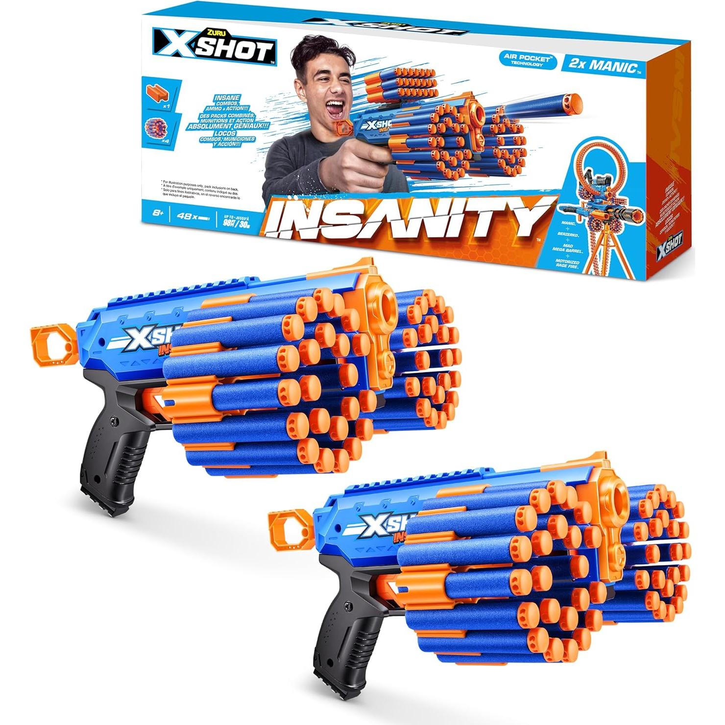 X-Shot Insanity Manic Blaster Doble con 48 Dardos y Almacenaje